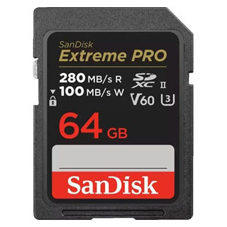 Compare Prices on the Sandisk 64GB Extreme Pro 280MBs (100MBs) UHS-II V60 SDXC Card